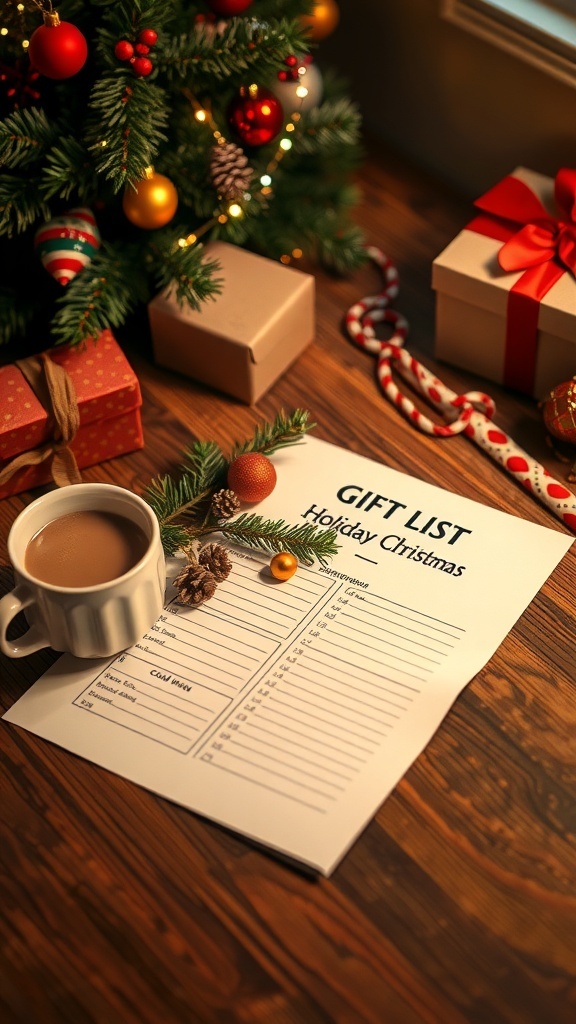 A Christmas gift list on a wooden table with decorations, hot cocoa, and ornaments.